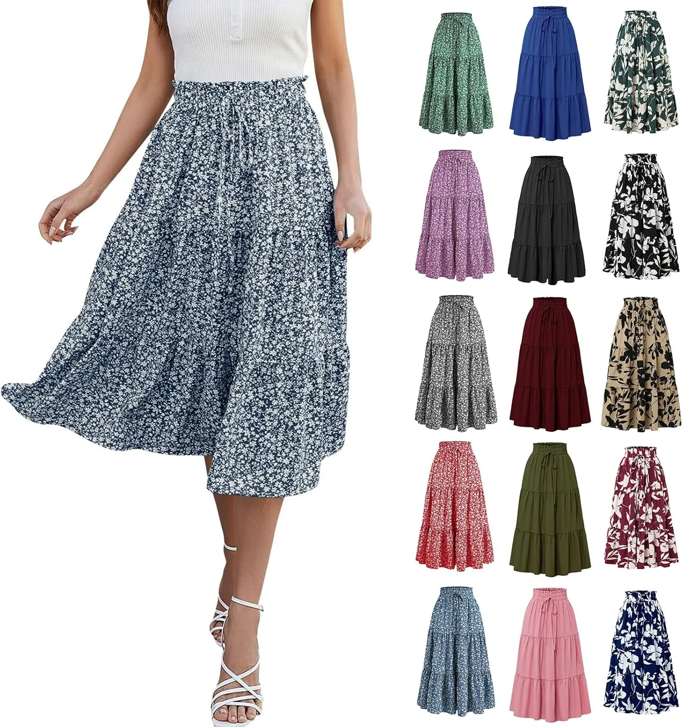 Floral Midi Skirts for Women Casual Swing Tiered A-Line Flowy Long Skirt Loose Comfy Elastic High Waisted Y2k Skirts