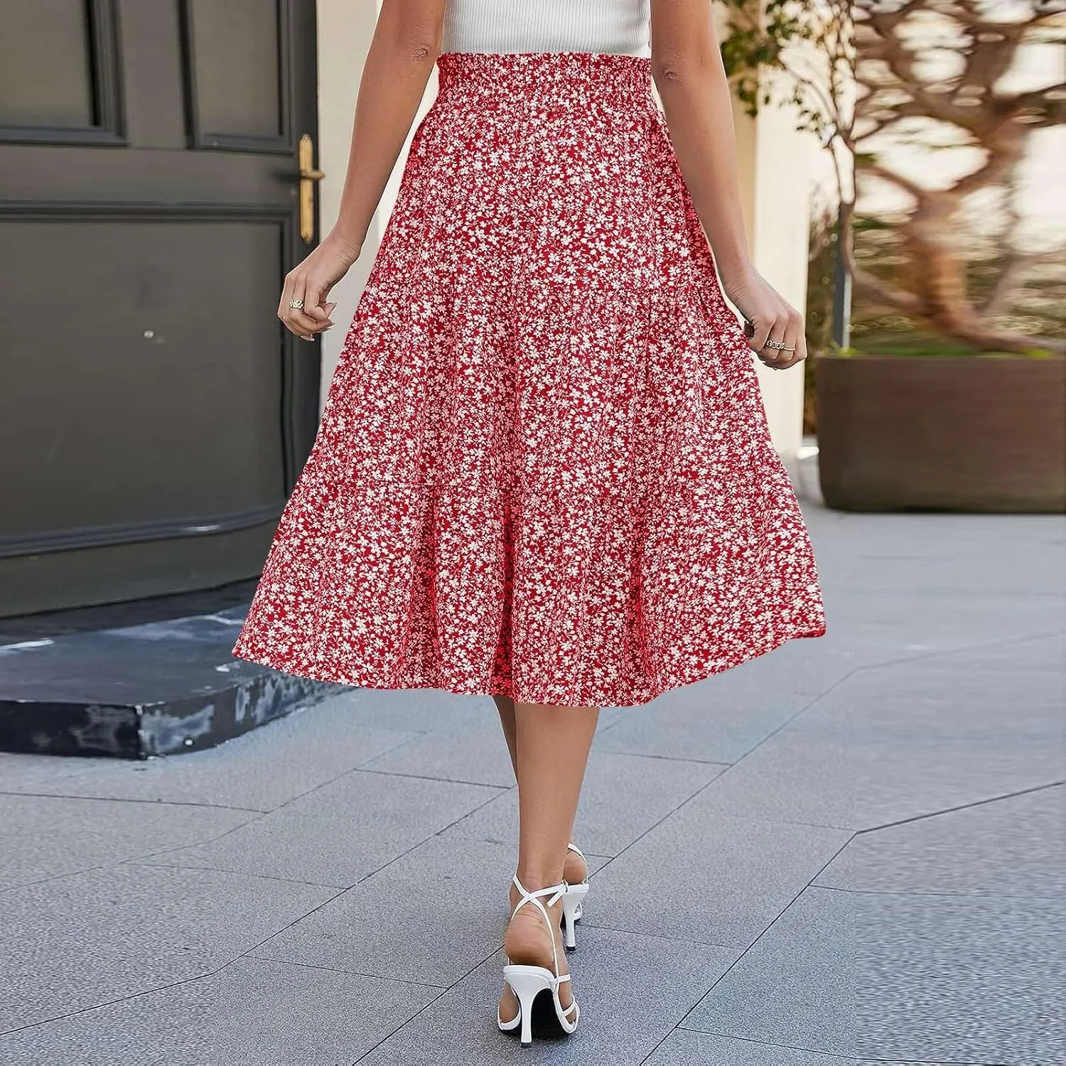 Floral Midi Skirts for Women Casual Swing Tiered A-Line Flowy Long Skirt Loose Comfy Elastic High Waisted Y2k Skirts