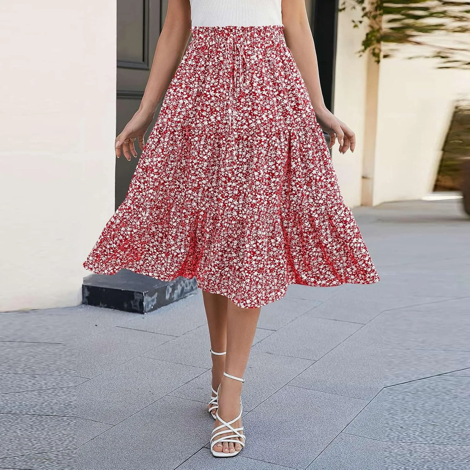 Floral Midi Skirts for Women Casual Swing Tiered A-Line Flowy Long Skirt Loose Comfy Elastic High Waisted Y2k Skirts