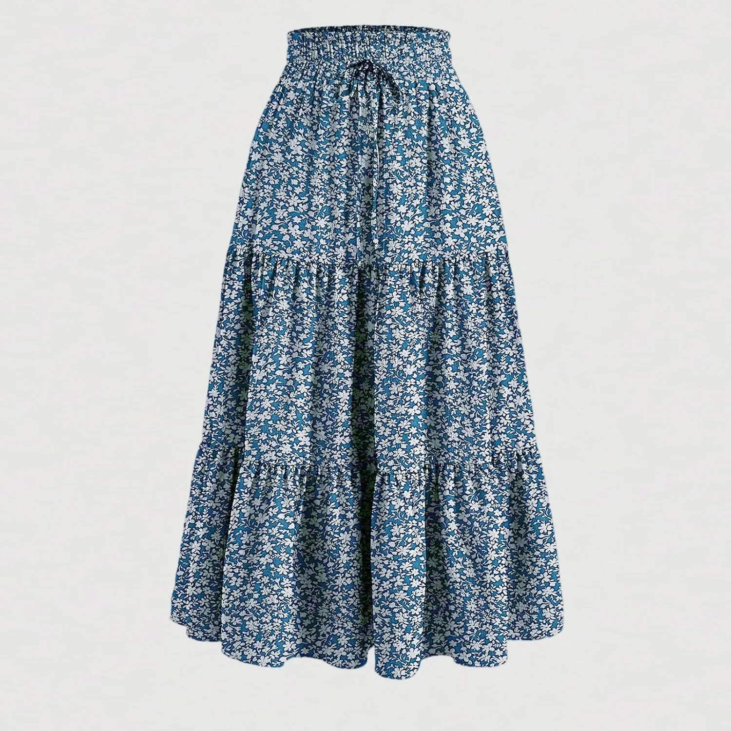 Floral Midi Skirts for Women Casual Swing Tiered A-Line Flowy Long Skirt Loose Comfy Elastic High Waisted Y2k Skirts