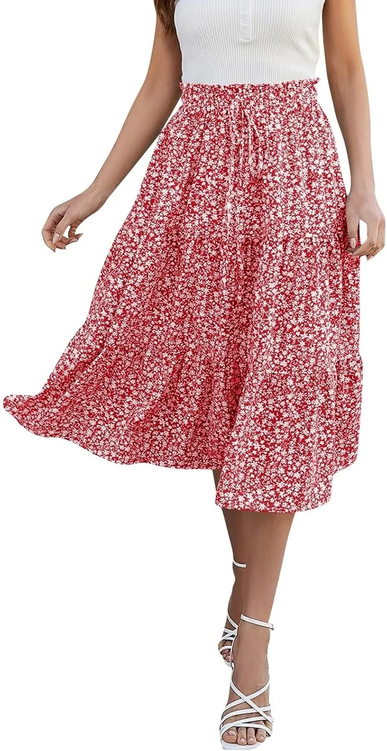 Floral Midi Skirts for Women Casual Swing Tiered A-Line Flowy Long Skirt Loose Comfy Elastic High Waisted Y2k Skirts