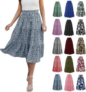 Floral Midi Skirts for Women Casual Swing Tiered A-Line Flowy Long Skirt Loose Comfy Elastic High Waisted Y2k Skirts