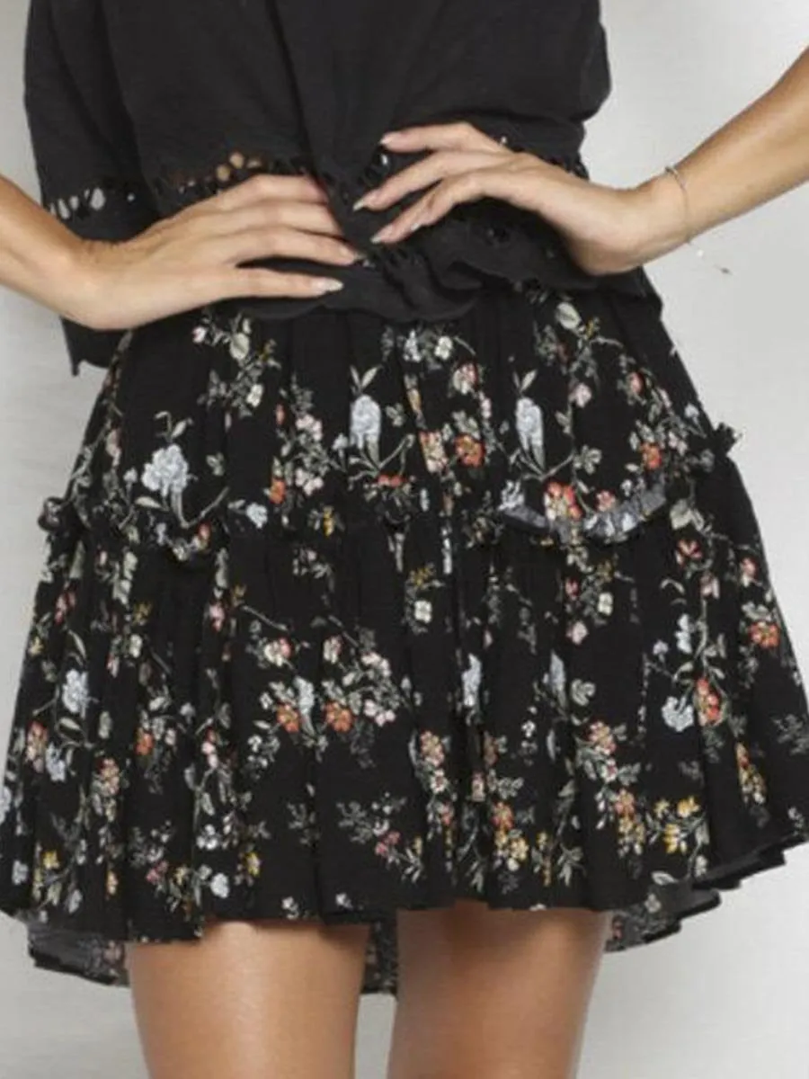 Floral Print High Waist Boho Skirts - Black