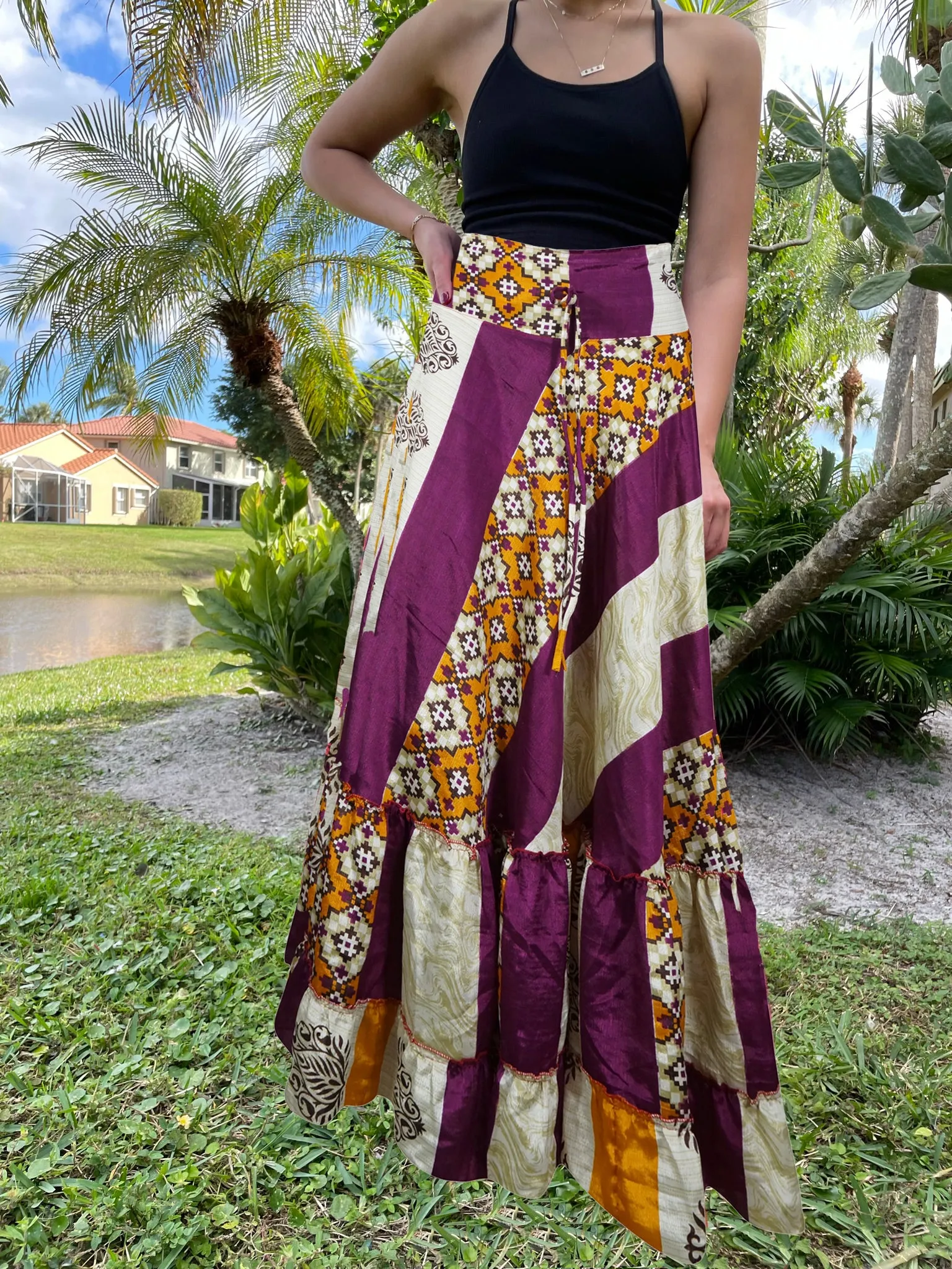 Flowy Skirts for Women Purple Floral Beach Boho Maxi Skirt  M/L