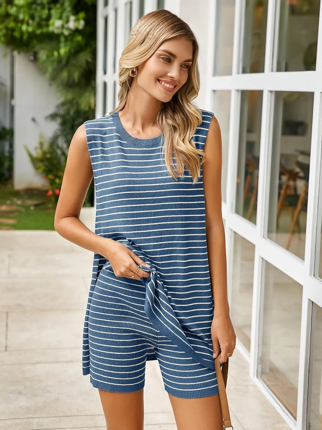 Glamaker Women's 2 Piece Short Sets Summer Lounge Sets Sweater Knit Beach Vacation Matching Sets Travel Outfits