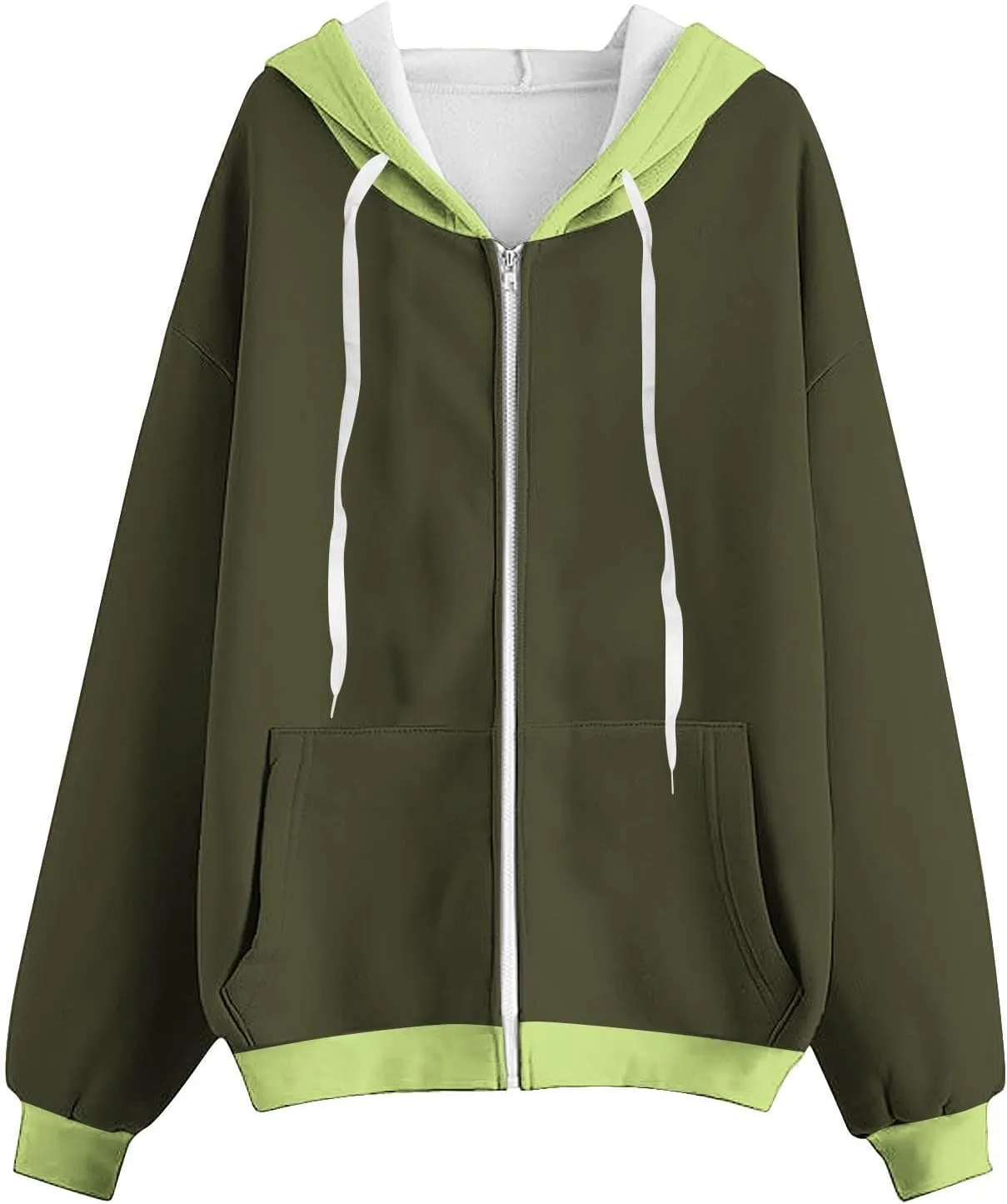 HGps8w Women's Colorblock Casual Drawstring Zip Up Hoodie Sweatshirt Loose Long Sleeve Hooded Jackets Outwear with Pockets