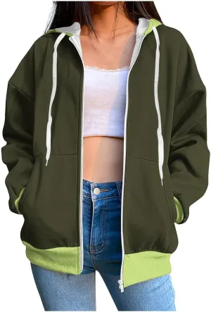 HGps8w Women's Colorblock Casual Drawstring Zip Up Hoodie Sweatshirt Loose Long Sleeve Hooded Jackets Outwear with Pockets