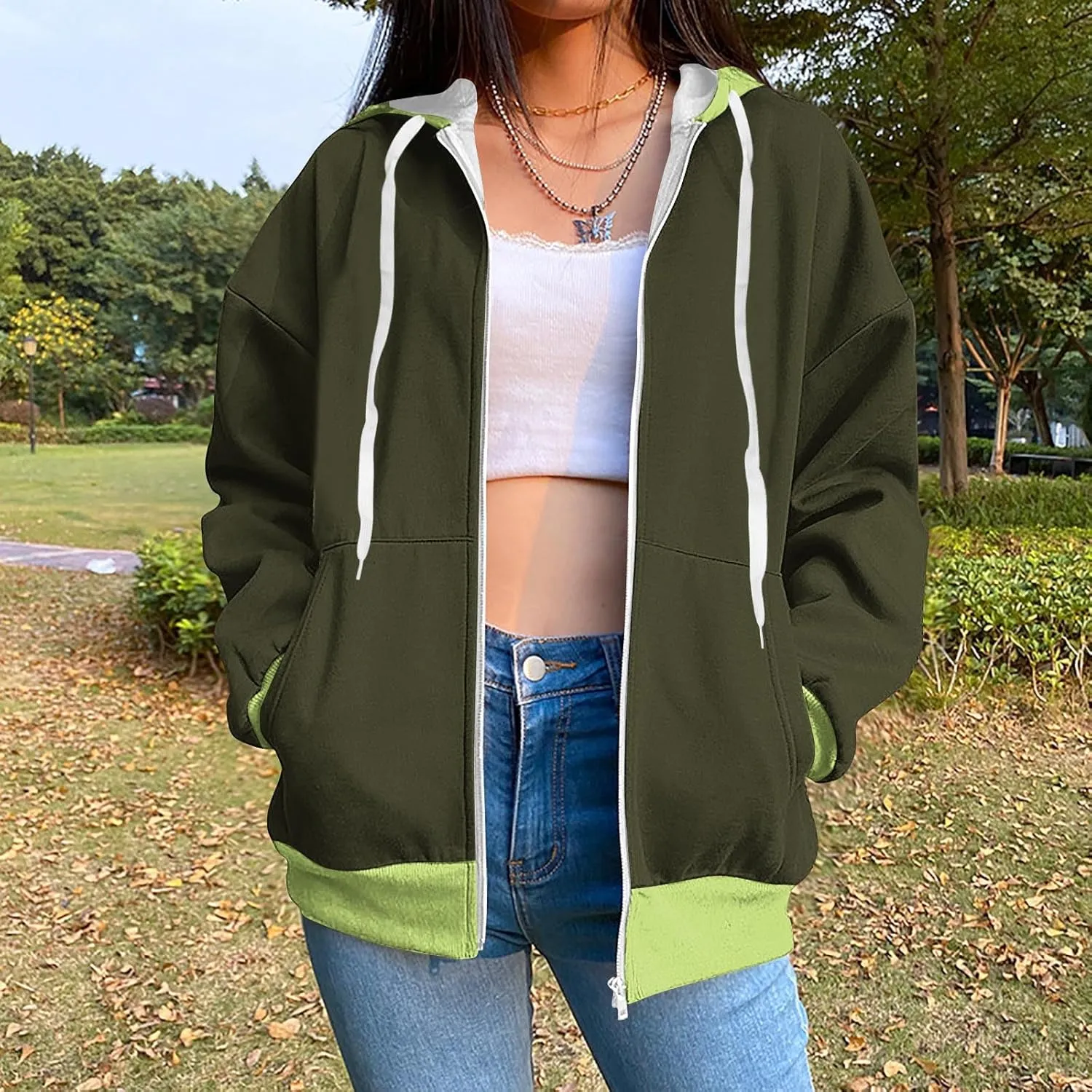 HGps8w Women's Colorblock Casual Drawstring Zip Up Hoodie Sweatshirt Loose Long Sleeve Hooded Jackets Outwear with Pockets