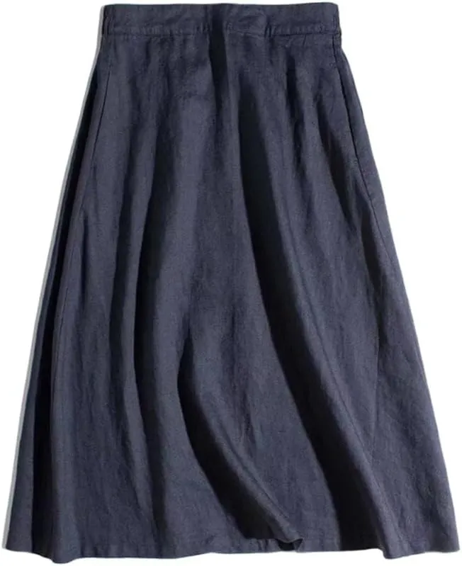 IDEALSANXUN Linen Skirts for Women A Line Lightweight Casua Elastic High Waisted 2024 Summer Midi Skirt with Pockets