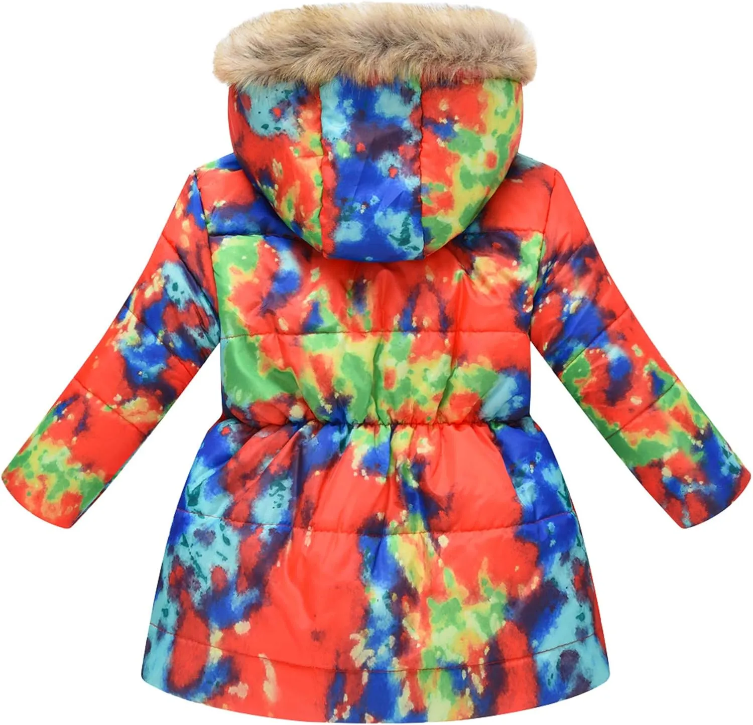 Kids Girls Winter Tie-Dye Print Windproof Warm Woolen Padded Fur Hooded Parkas Coat 2-10 Years
