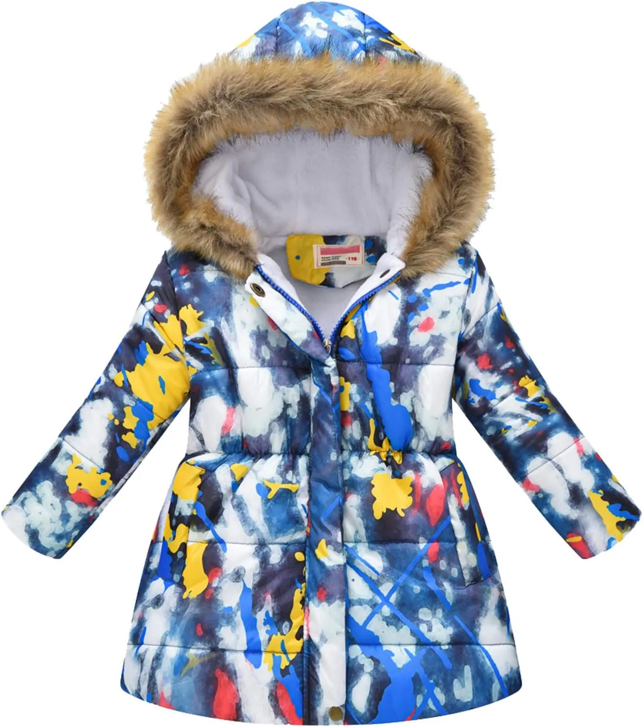 Kids Girls Winter Tie-Dye Print Windproof Warm Woolen Padded Fur Hooded Parkas Coat 2-10 Years
