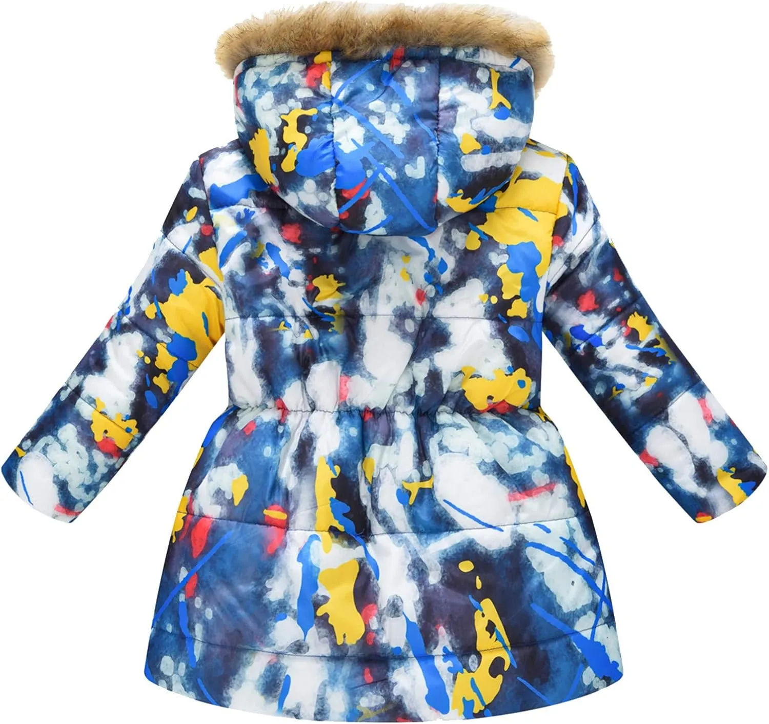 Kids Girls Winter Tie-Dye Print Windproof Warm Woolen Padded Fur Hooded Parkas Coat 2-10 Years