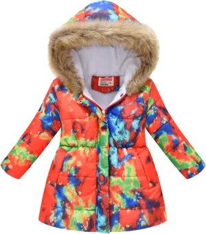 Kids Girls Winter Tie-Dye Print Windproof Warm Woolen Padded Fur Hooded Parkas Coat 2-10 Years