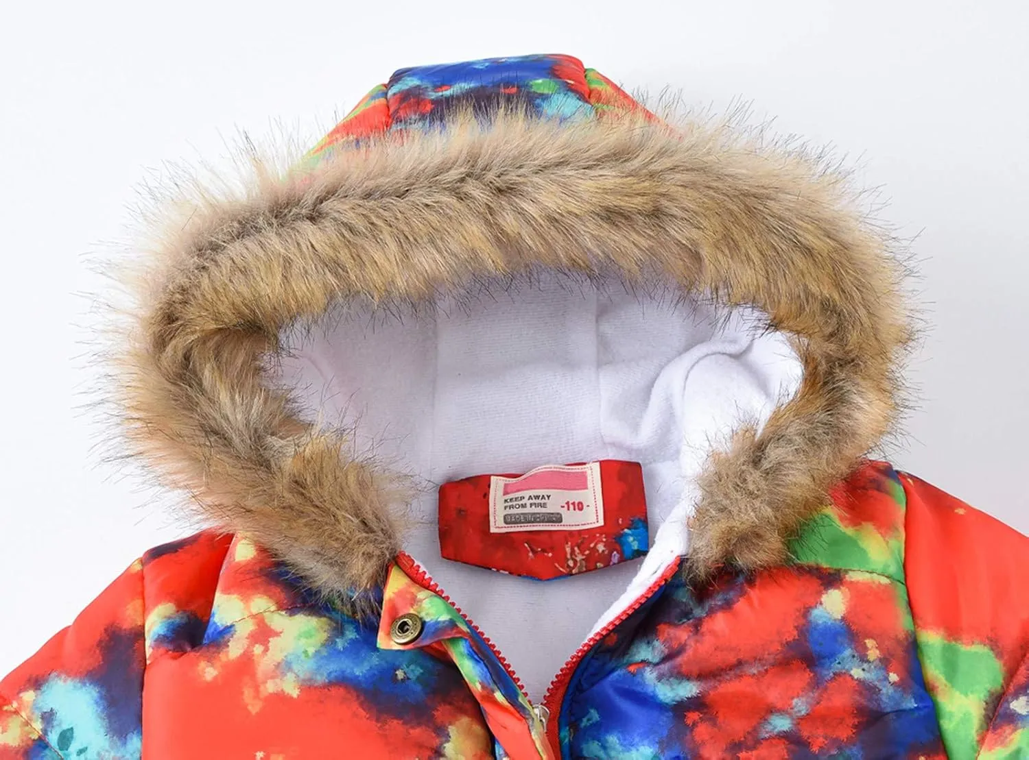 Kids Girls Winter Tie-Dye Print Windproof Warm Woolen Padded Fur Hooded Parkas Coat 2-10 Years