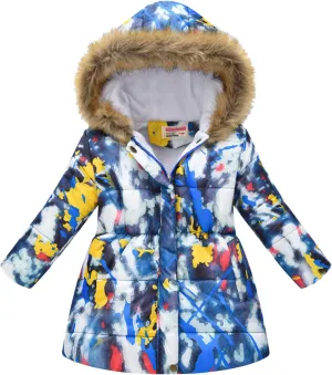 Kids Girls Winter Tie-Dye Print Windproof Warm Woolen Padded Fur Hooded Parkas Coat 2-10 Years