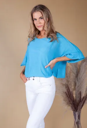 LIGHTWEIGHT CROPPED KNIT PULLOVER in Topaz Blue