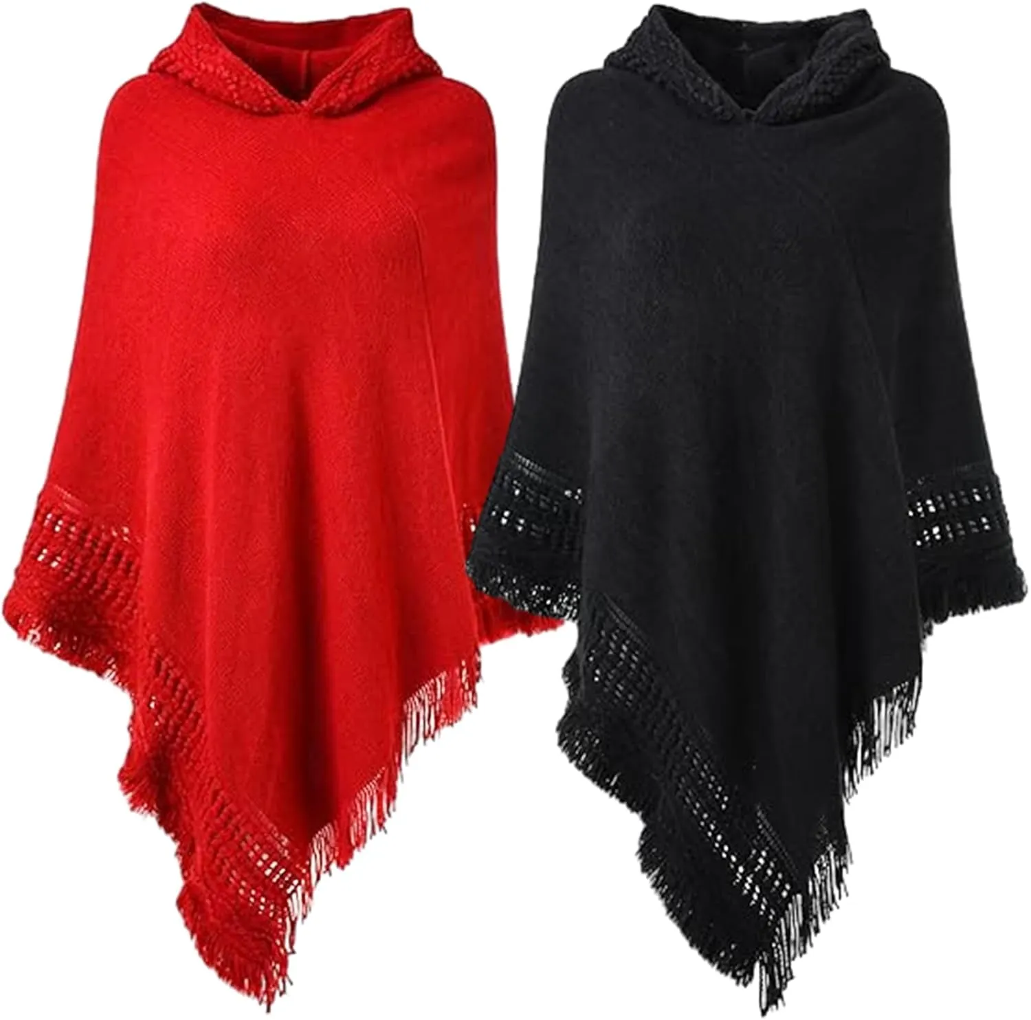 Liitrsh 2 Pcs Shawl Poncho Sweaters for Women Knitted Hooded Cape with Fringed Hem Crochet Poncho Pullover Sweaters