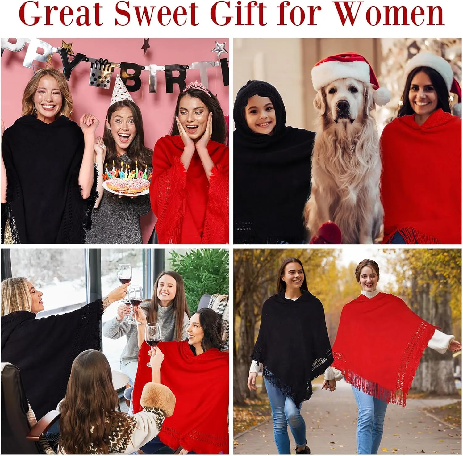 Liitrsh 2 Pcs Shawl Poncho Sweaters for Women Knitted Hooded Cape with Fringed Hem Crochet Poncho Pullover Sweaters