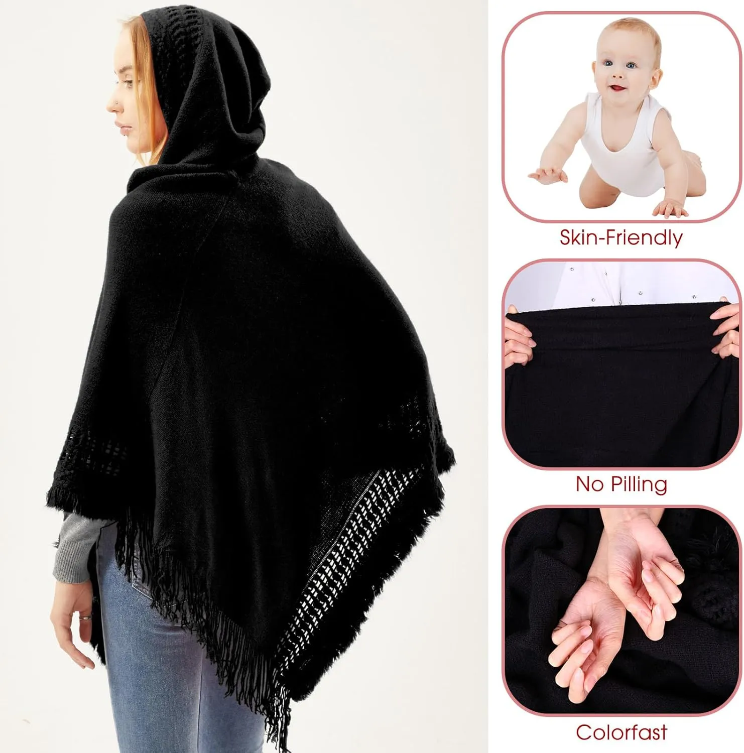 Liitrsh 2 Pcs Shawl Poncho Sweaters for Women Knitted Hooded Cape with Fringed Hem Crochet Poncho Pullover Sweaters