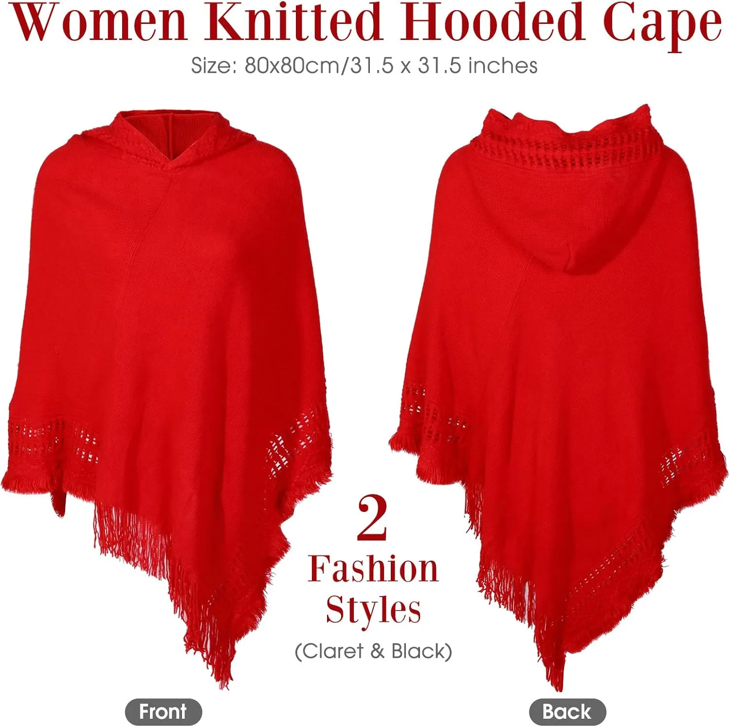Liitrsh 2 Pcs Shawl Poncho Sweaters for Women Knitted Hooded Cape with Fringed Hem Crochet Poncho Pullover Sweaters
