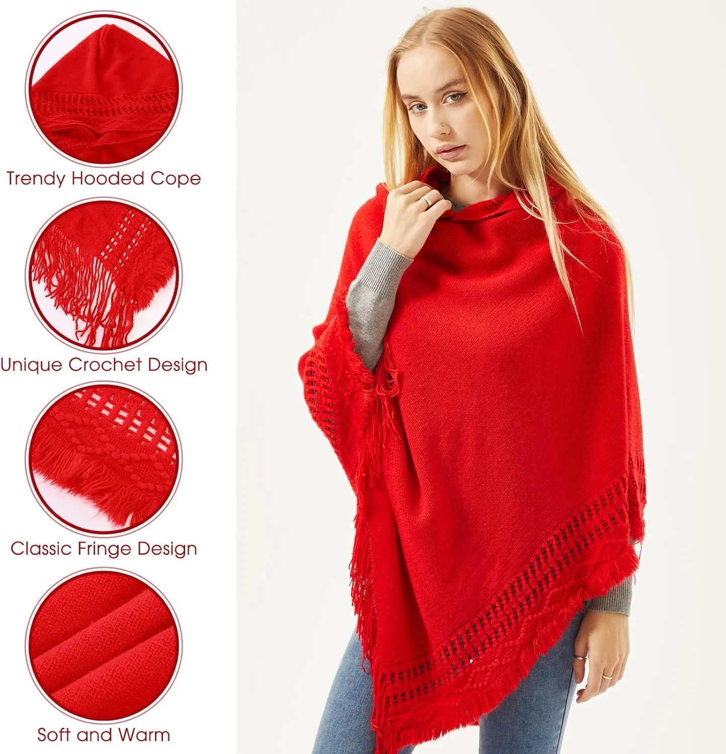Liitrsh 2 Pcs Shawl Poncho Sweaters for Women Knitted Hooded Cape with Fringed Hem Crochet Poncho Pullover Sweaters
