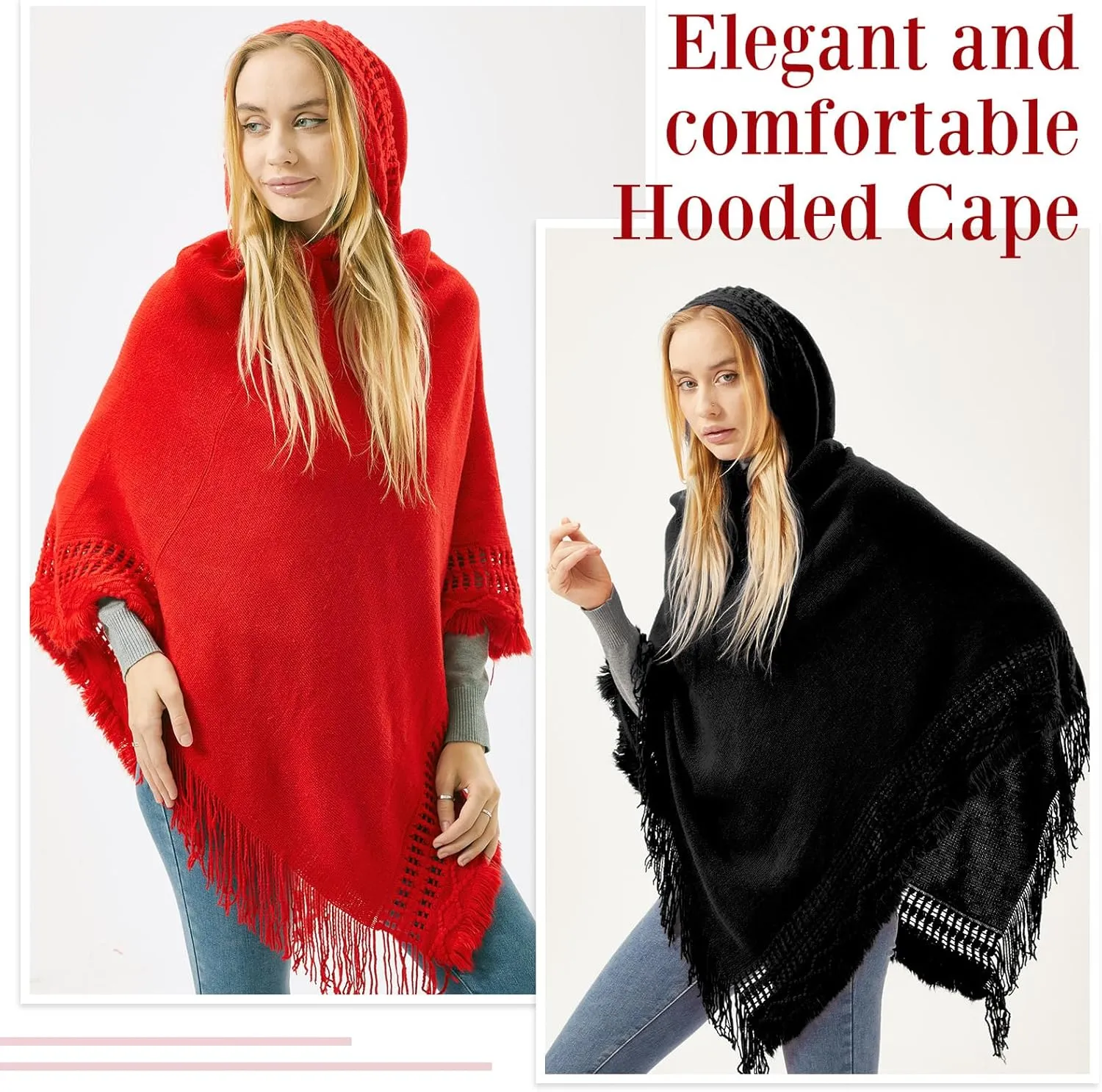 Liitrsh 2 Pcs Shawl Poncho Sweaters for Women Knitted Hooded Cape with Fringed Hem Crochet Poncho Pullover Sweaters