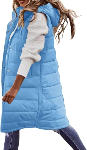 Long Puffer Vest Women 2025 Zipper Sleeveless Quilted Vests Hooded Mid-length Outwear with Pockets