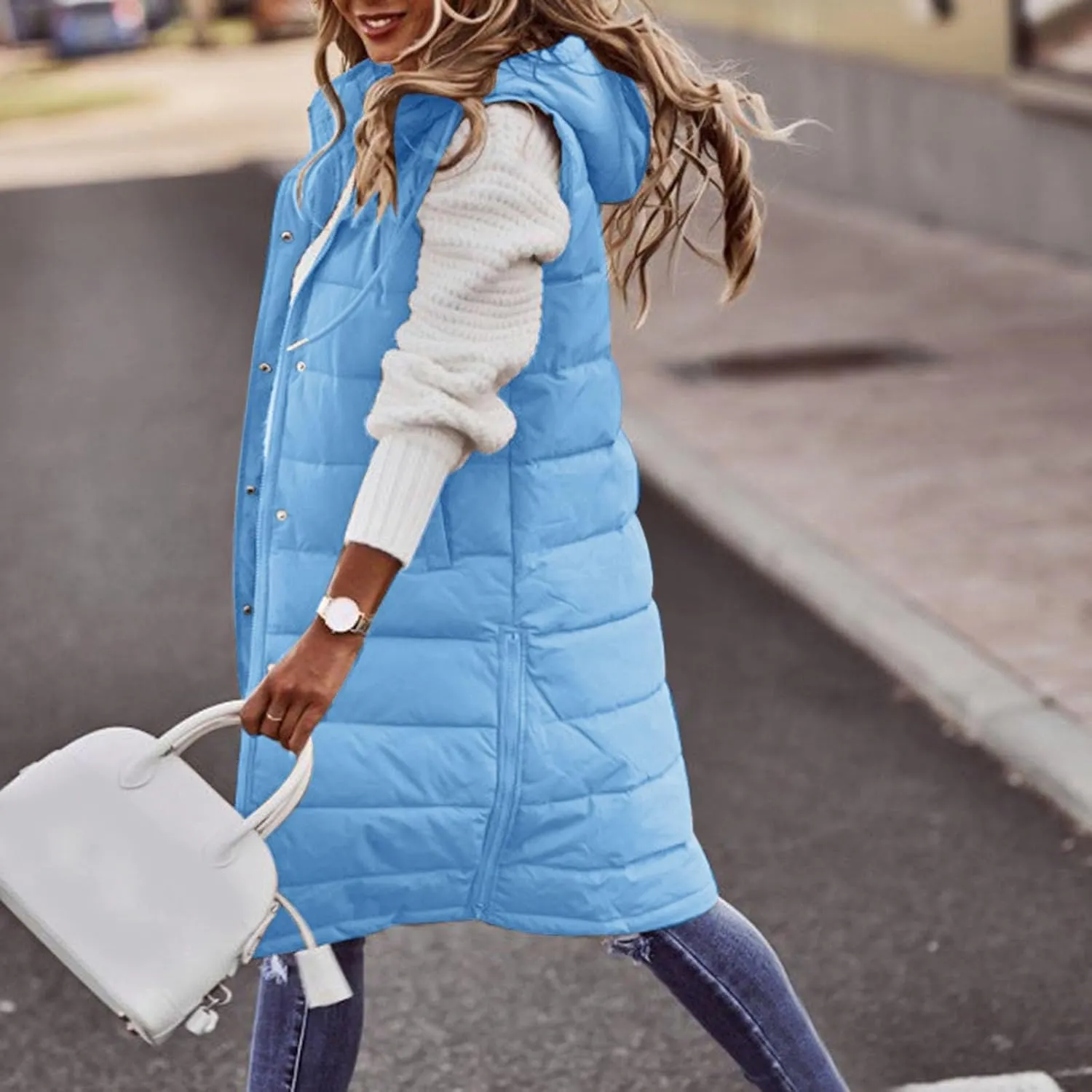 Long Puffer Vest Women 2025 Zipper Sleeveless Quilted Vests Hooded Mid-length Outwear with Pockets