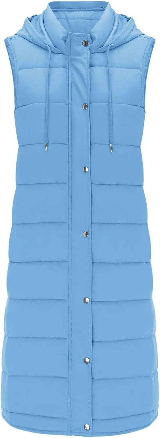 Long Puffer Vest Women 2025 Zipper Sleeveless Quilted Vests Hooded Mid-length Outwear with Pockets