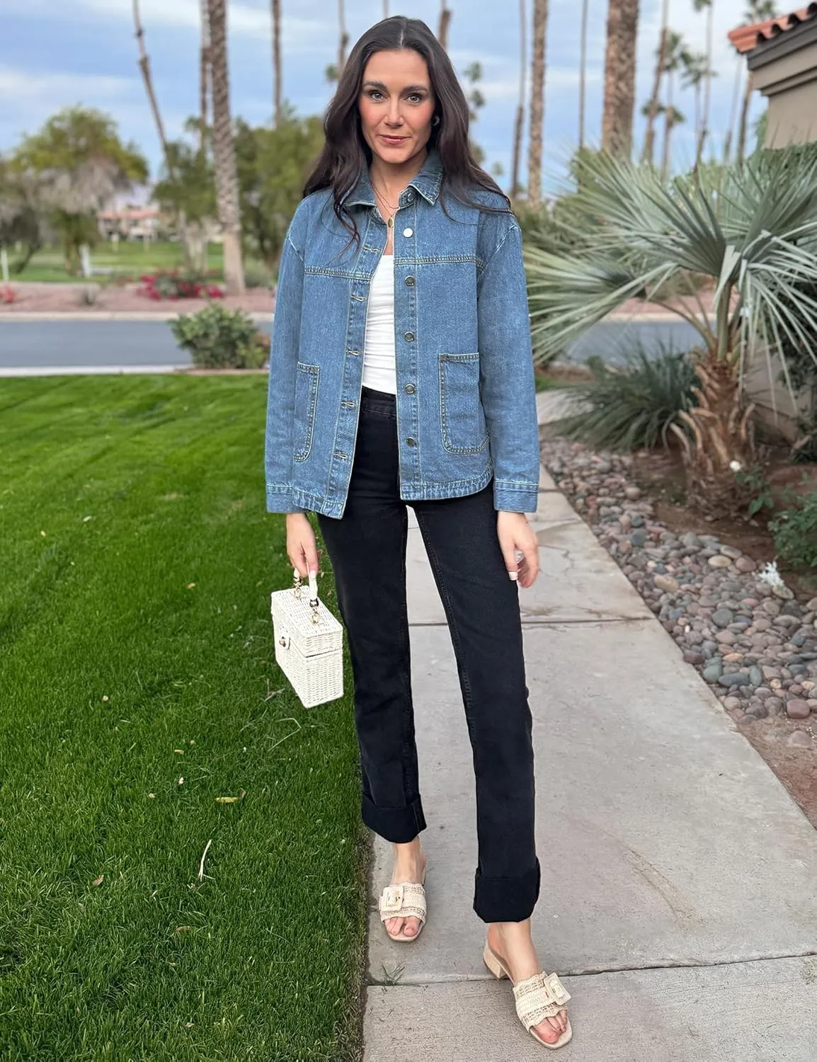luvamia Denim Jackets for Women Trendy Oversized Long Sleeve Button Down Jean Jacket Casual Shacket with Patch Pockets