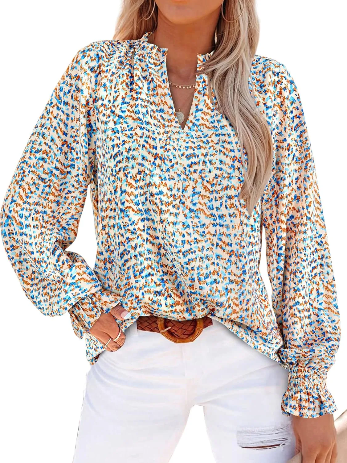 MASCOMODA Casual Spring Summer Chiffon Puff V Neck Trendy Tops for Womens 2025 Floral Dressy Long Sleeve Blouses Work Shirts
