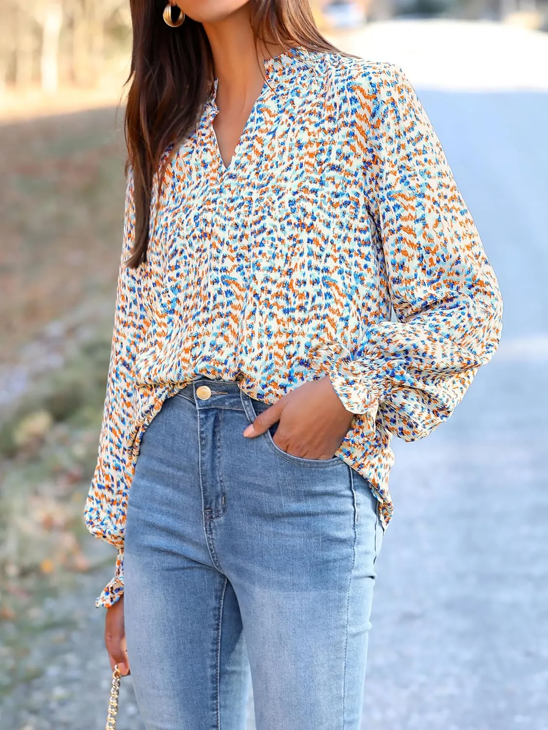 MASCOMODA Casual Spring Summer Chiffon Puff V Neck Trendy Tops for Womens 2025 Floral Dressy Long Sleeve Blouses Work Shirts