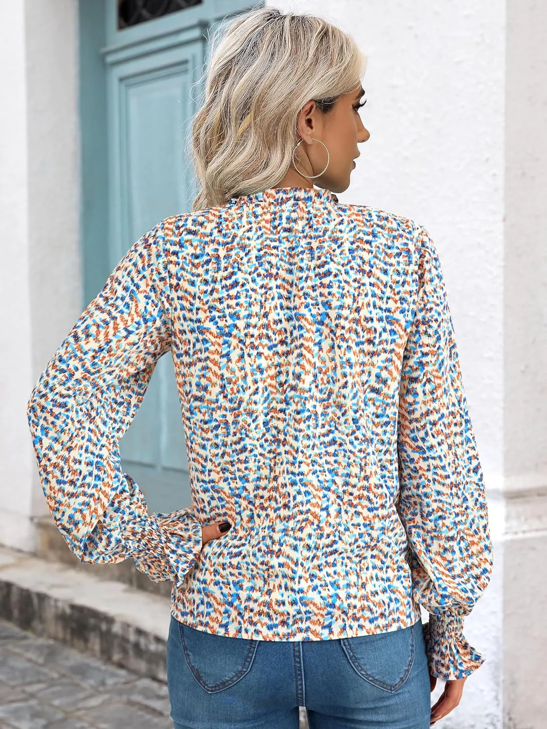 MASCOMODA Casual Spring Summer Chiffon Puff V Neck Trendy Tops for Womens 2025 Floral Dressy Long Sleeve Blouses Work Shirts