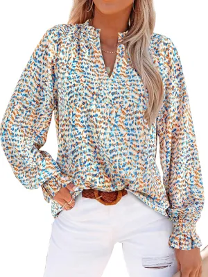 MASCOMODA Casual Spring Summer Chiffon Puff V Neck Trendy Tops for Womens 2025 Floral Dressy Long Sleeve Blouses Work Shirts