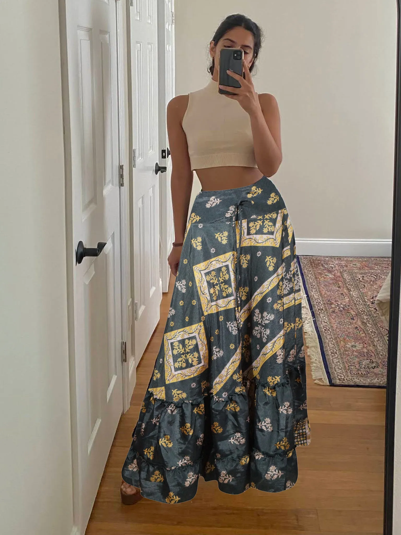 Maxi Skirts for Women Gray Floral Skirt Patchwork Boho Skirt Dress M/L