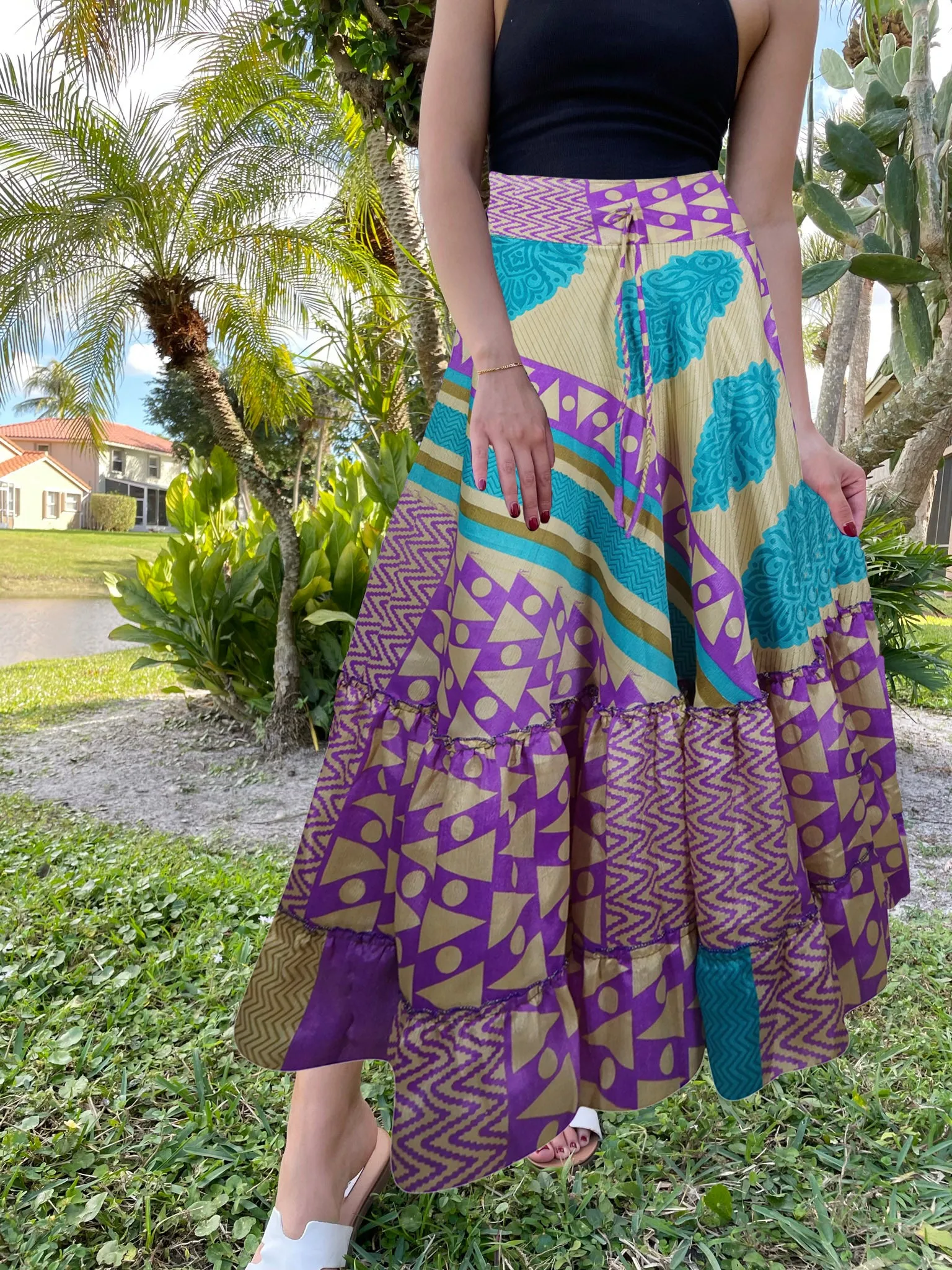 Maxi Skirts for Women Purple Stylish Skirt Tiered Flowy Skirt ML