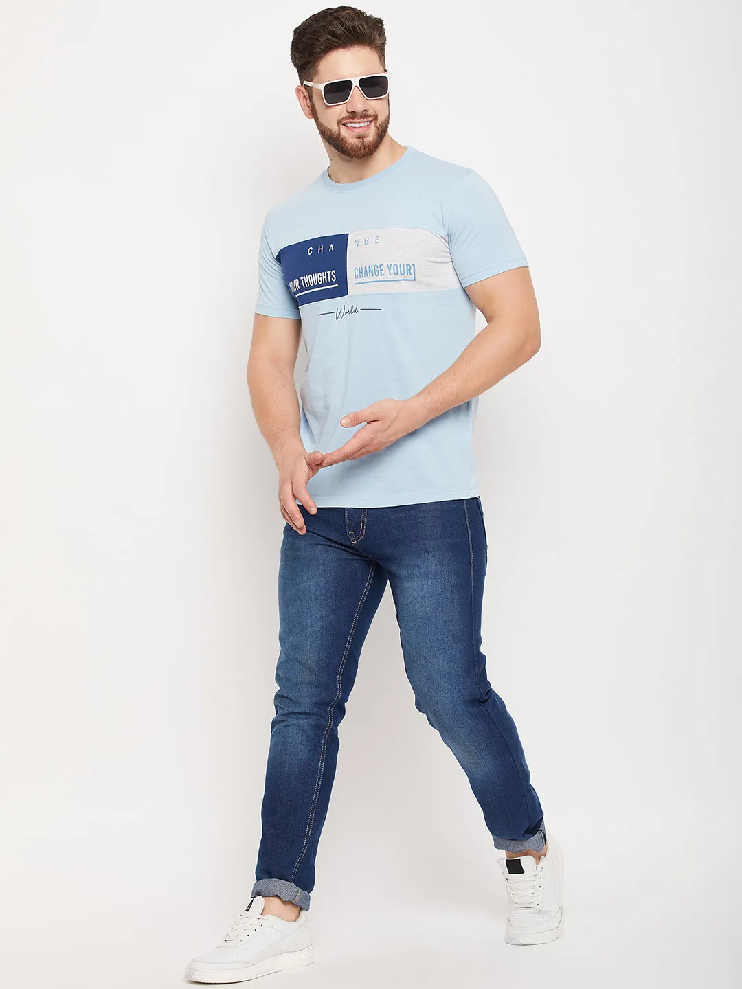 Men Sky Blue Round Neck T-Shirt