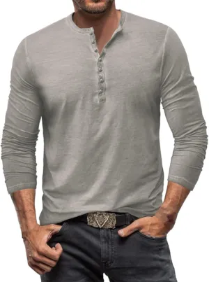 Mens Casual Long Sleeve Henley Shirt Classic Stretch Slim Fit Button Active Sports Gym Hiking T-Shirt
