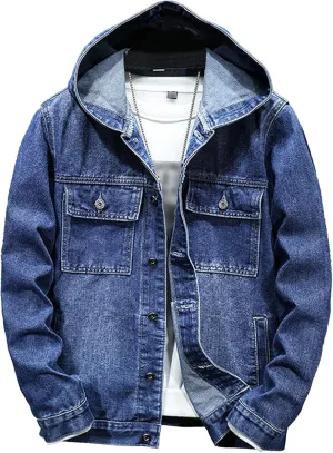 Men's Denim Hoodie Jacket Casual Long Sleeve Button Down Jeans Coat Windproof Hip Hop Trucker Hooded Jackets