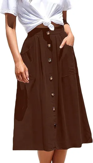 Midi Skirts for Womens High Elastic Waist Pleated A Line Midi Skirt Casual Button Front Flared Skirts with Pockets