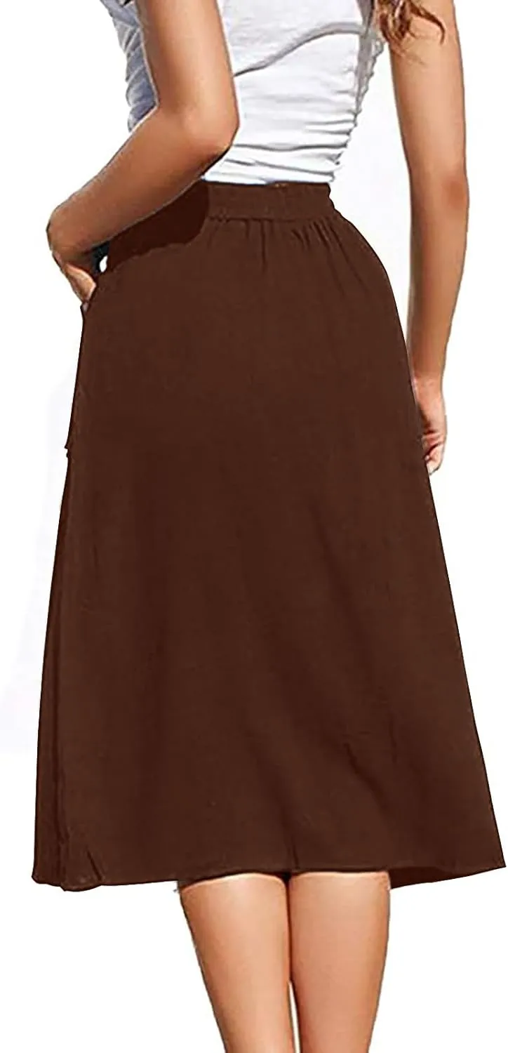Midi Skirts for Womens High Elastic Waist Pleated A Line Midi Skirt Casual Button Front Flared Skirts with Pockets