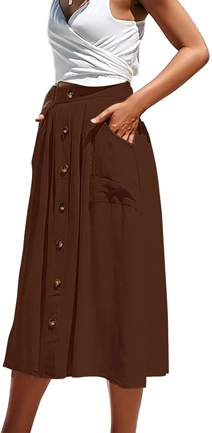 Midi Skirts for Womens High Elastic Waist Pleated A Line Midi Skirt Casual Button Front Flared Skirts with Pockets