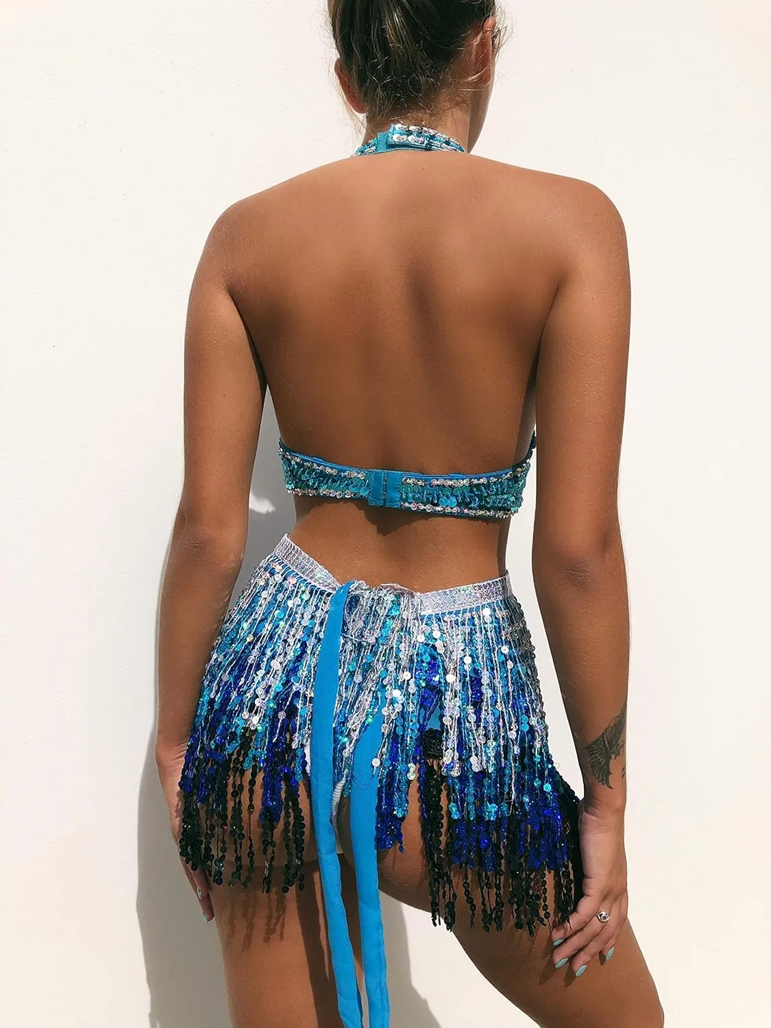 MUNAFIE Sequin Tassel Hip Scarf Sequin Tassel Skirts Rave Fringe Hip Scarf for Festival Belly Dance Skirt