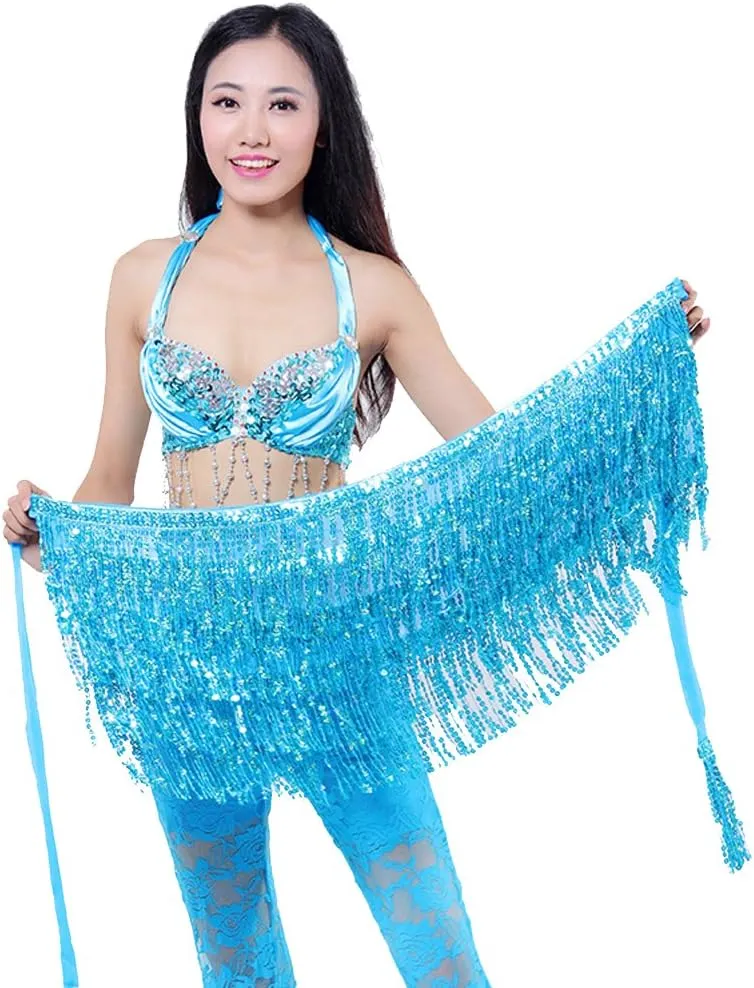MUNAFIE Sequin Tassel Hip Scarf Sequin Tassel Skirts Rave Fringe Hip Scarf for Festival Belly Dance Skirt