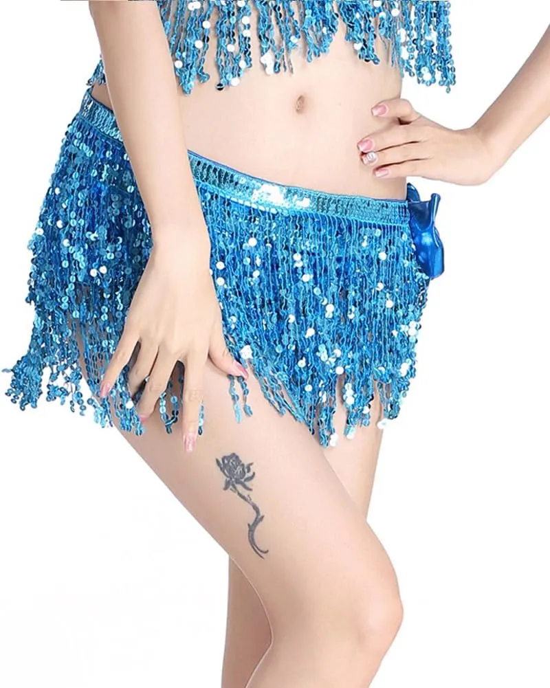 MUNAFIE Sequin Tassel Hip Scarf Sequin Tassel Skirts Rave Fringe Hip Scarf for Festival Belly Dance Skirt