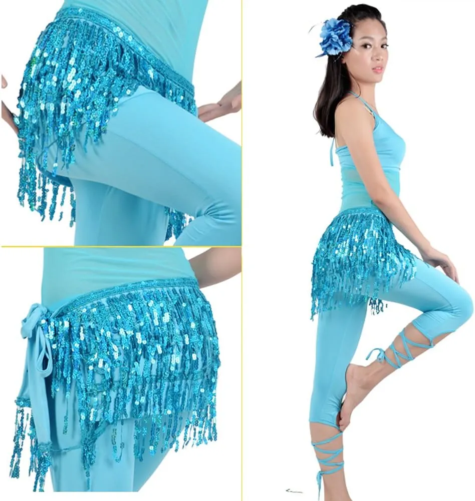 MUNAFIE Sequin Tassel Hip Scarf Sequin Tassel Skirts Rave Fringe Hip Scarf for Festival Belly Dance Skirt