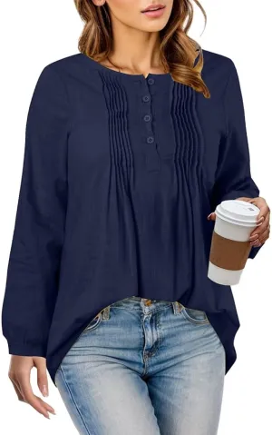 NEW Linen Shirt Women - Loose Fit Tee Cotton Ladies Top V-Neck Loose Tops Office UK Size Ladies Henley T-Shirt Womens V Neck Linen Vintage 3/4 Sleeve Blouses Blue, Sz 2X