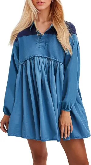 OLAPTA Women Patchwork Oversized Sweatshirts Mini Dress Striped Colorblock Half Sleeve Collar Fall Pleated Babydoll Dress