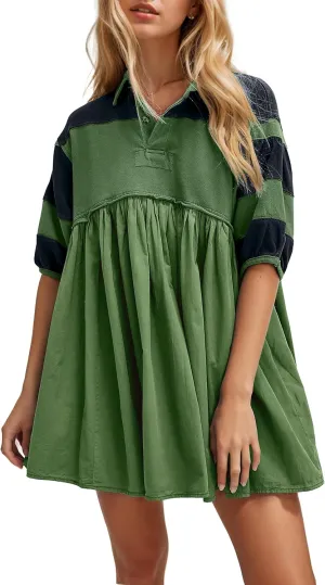 OLAPTA Women Patchwork Oversized Sweatshirts Mini Dress Striped Colorblock Half Sleeve Collar Fall Pleated Babydoll Dress