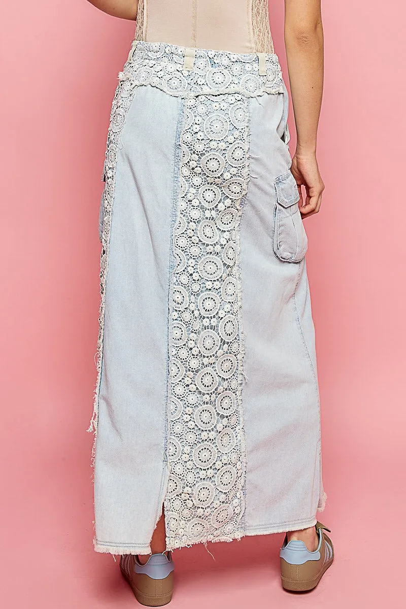 POL Boho Crochet Patch Denim Skirt